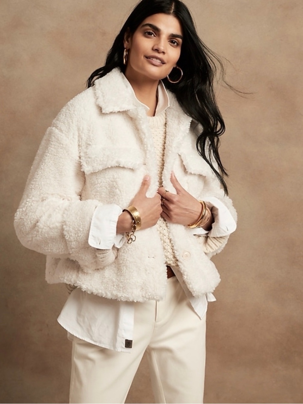 Banana Republic Cropped Sherpa Trucker Jacket Cream Size M